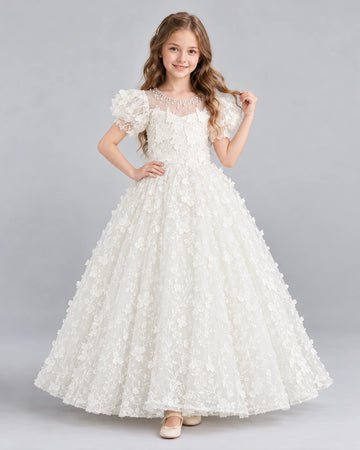 Dideyttawl 3D Floral Puff Sleeve Flower Girl Dress for Weddings