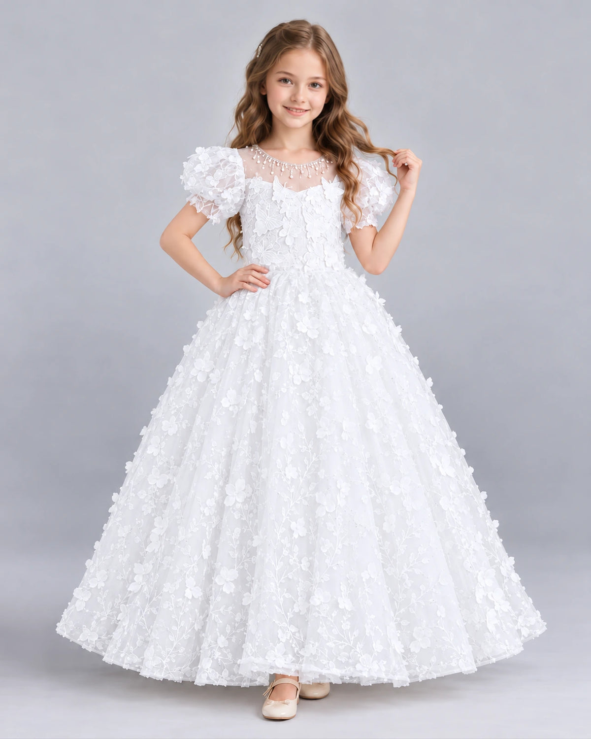 White Ball Gown Flower Girl Dress Front