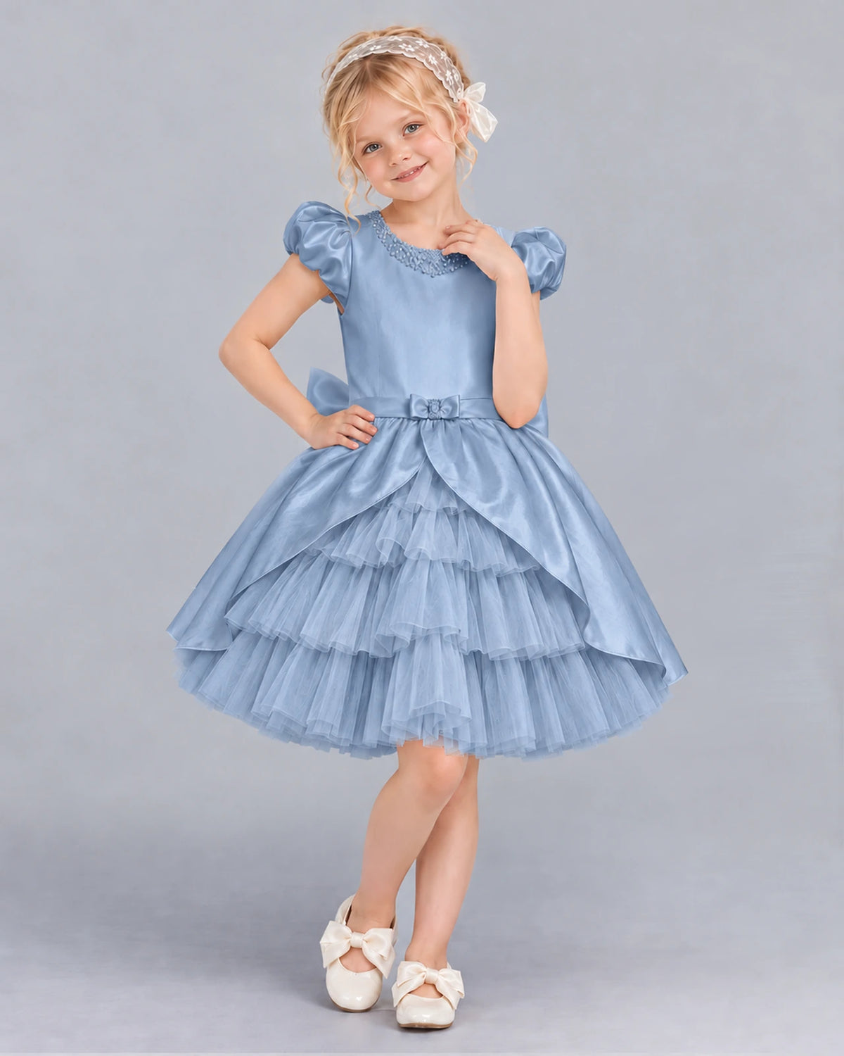 Dusty Blue Ball Gown Girls Formal Dress Front