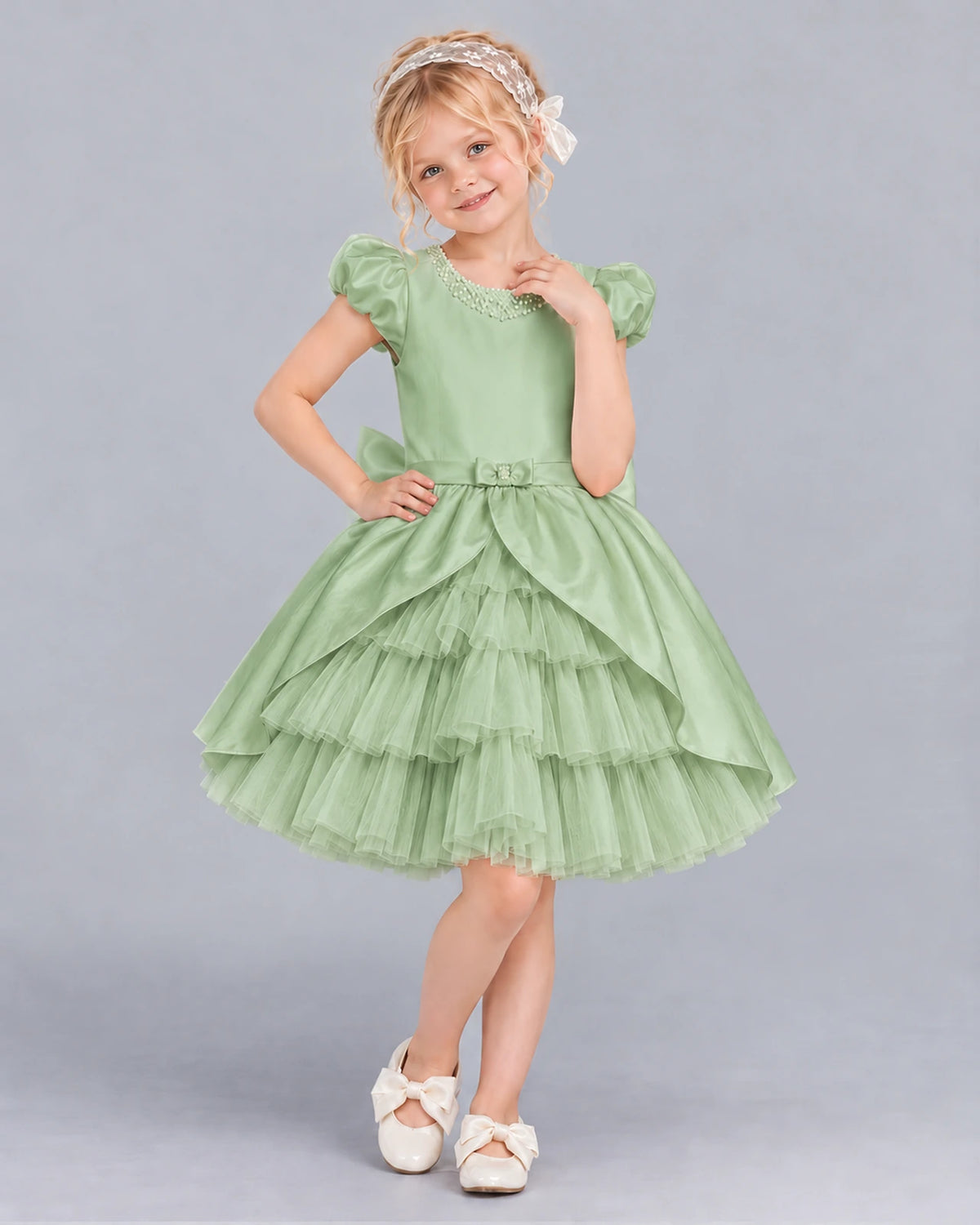 Sage Green Ball Gown Girls Formal Dress Front