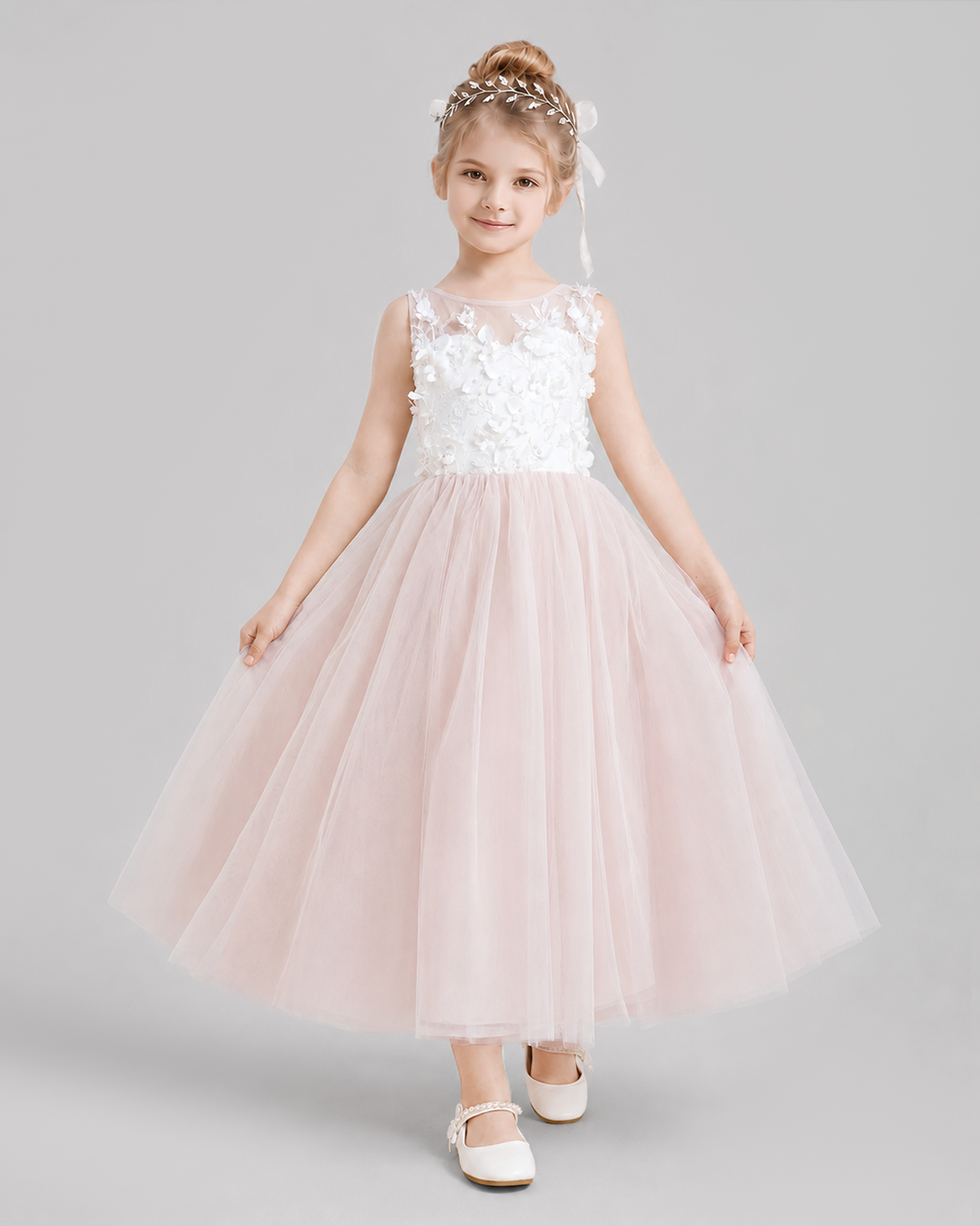 Pink Flower Girl Dress Sleeveless 3D Floral Tulle Gown Front View