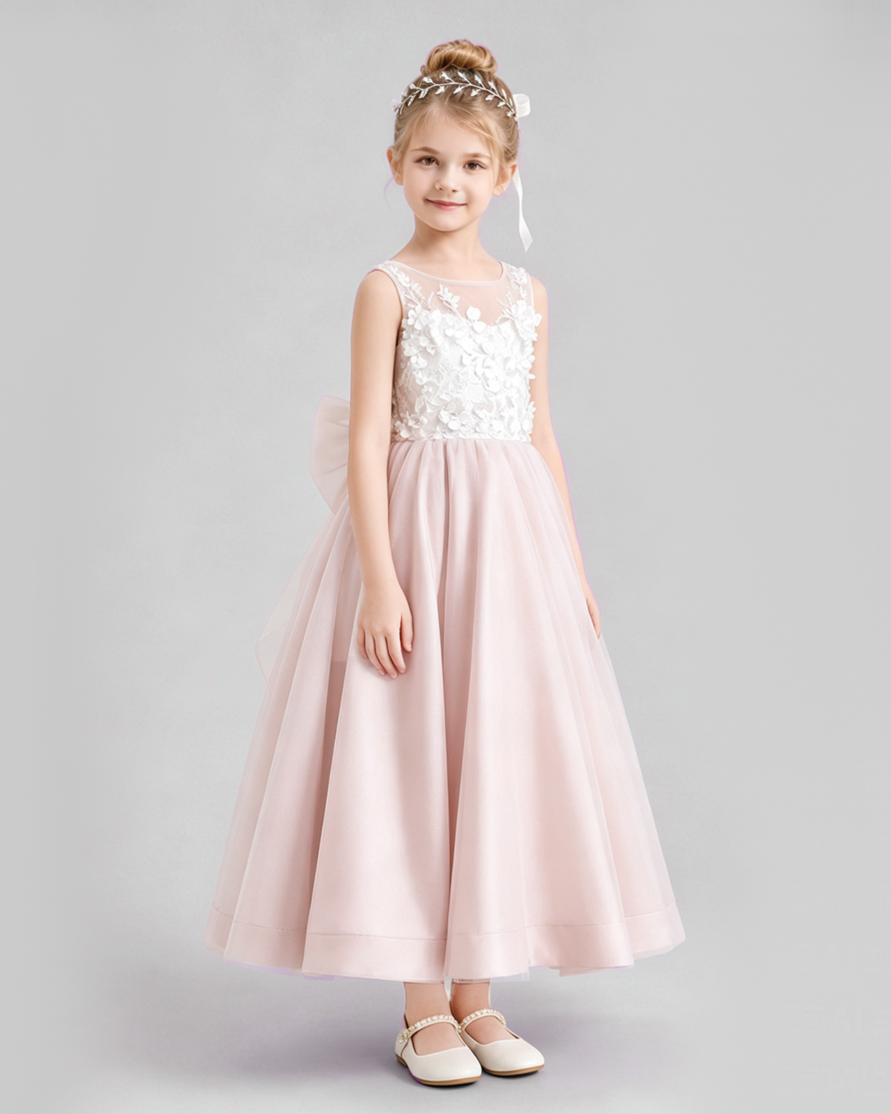Pink Flower Girl Dress Sleeveless 3D Floral Tulle Gown Side View