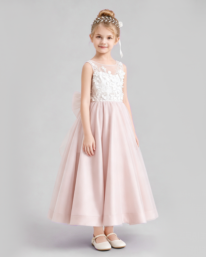 Pink Flower Girl Dress Sleeveless 3D Floral Tulle Gown Side View