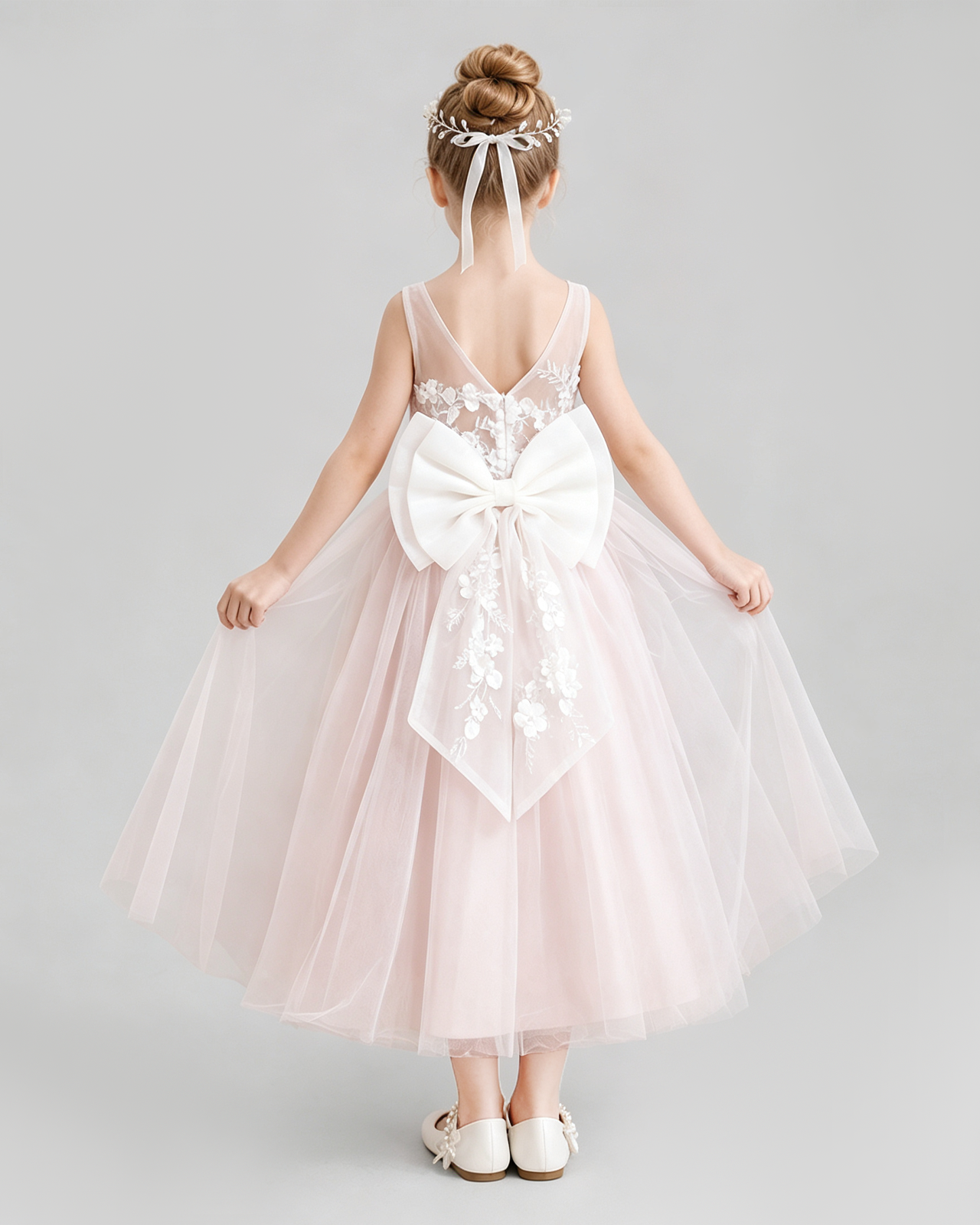 Pink Flower Girl Dress Sleeveless 3D Floral Tulle Gown Back View Hauptbild