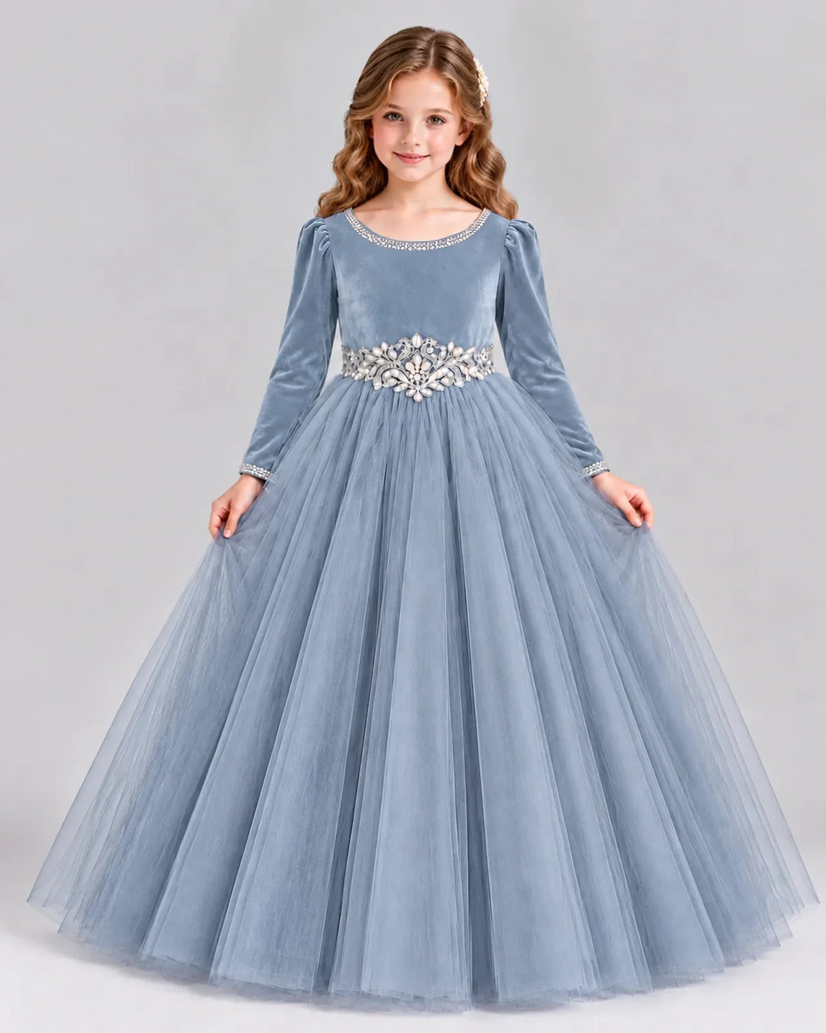 Dusty Blue Ball Gown Girls Formal Dress Front
