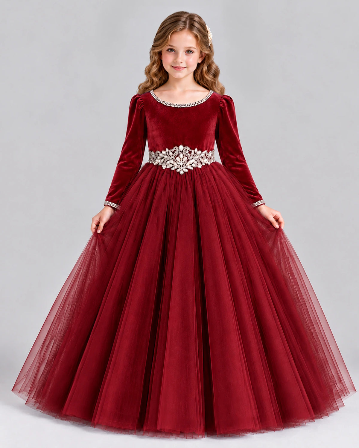 Burgundy Ball Gown Girls Formal Dress Front
