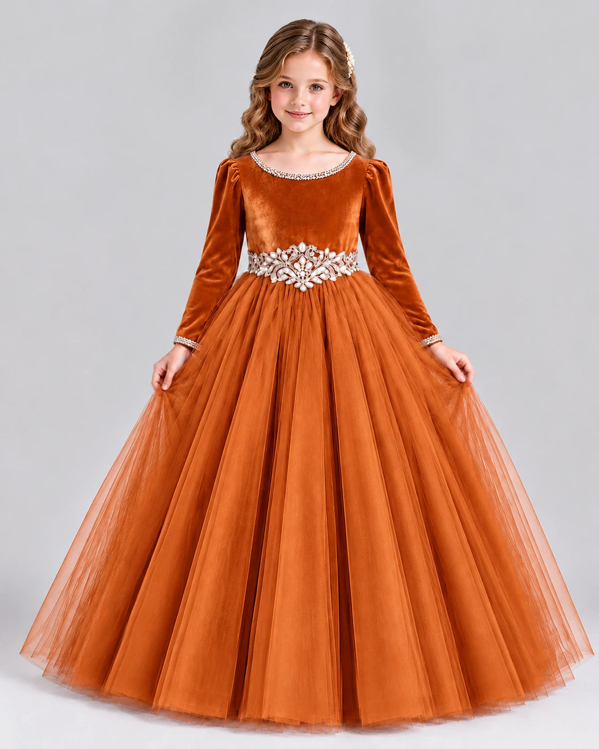 Burnt Orange Ball Gown Girls Formal Dress Front