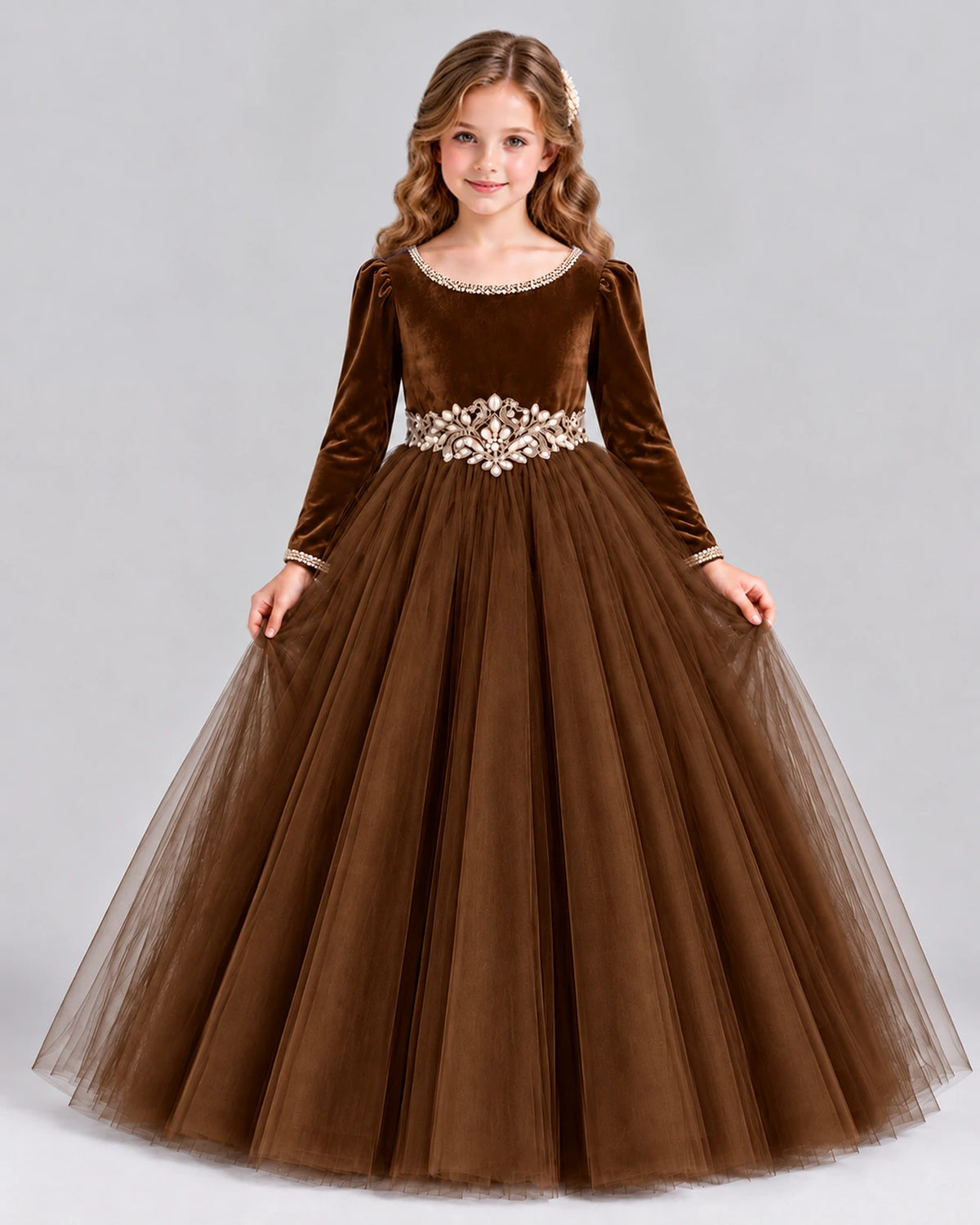 Chocolate Ball Gown Girls Formal Dress Front