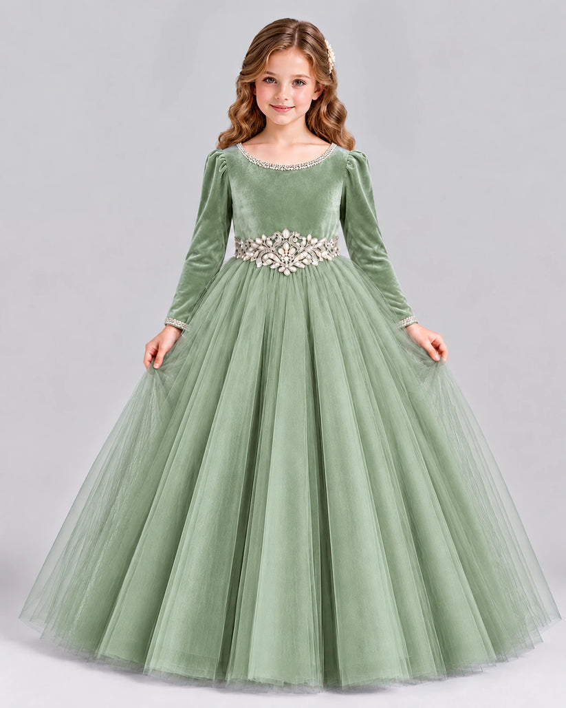 Sage Green Ball Gown Girls Formal Dress Front