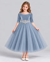 Dusty Blue Ball Gown Girls Formal Dress Front