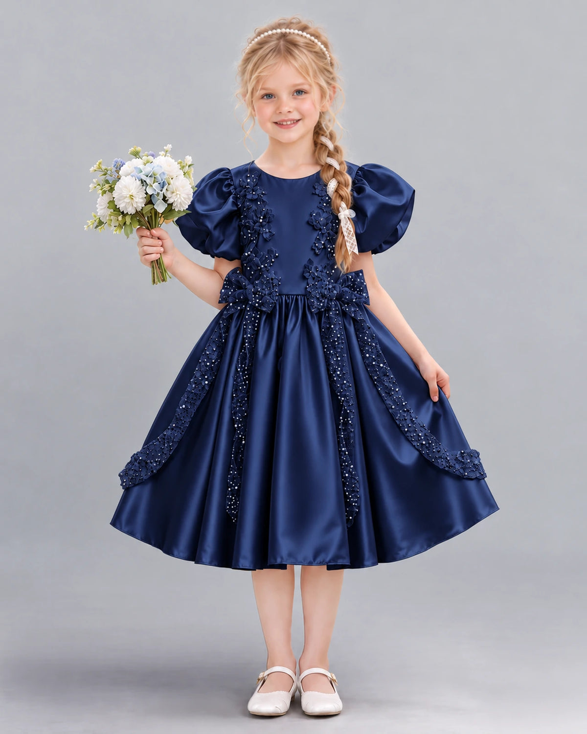 Navy Blue A-line Girls Formal Dress Front