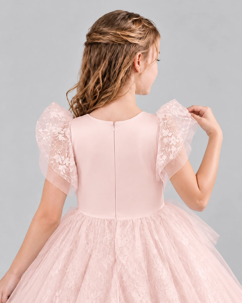 Blush Pink Lace Tulle Flower Girl Dress Back Detail