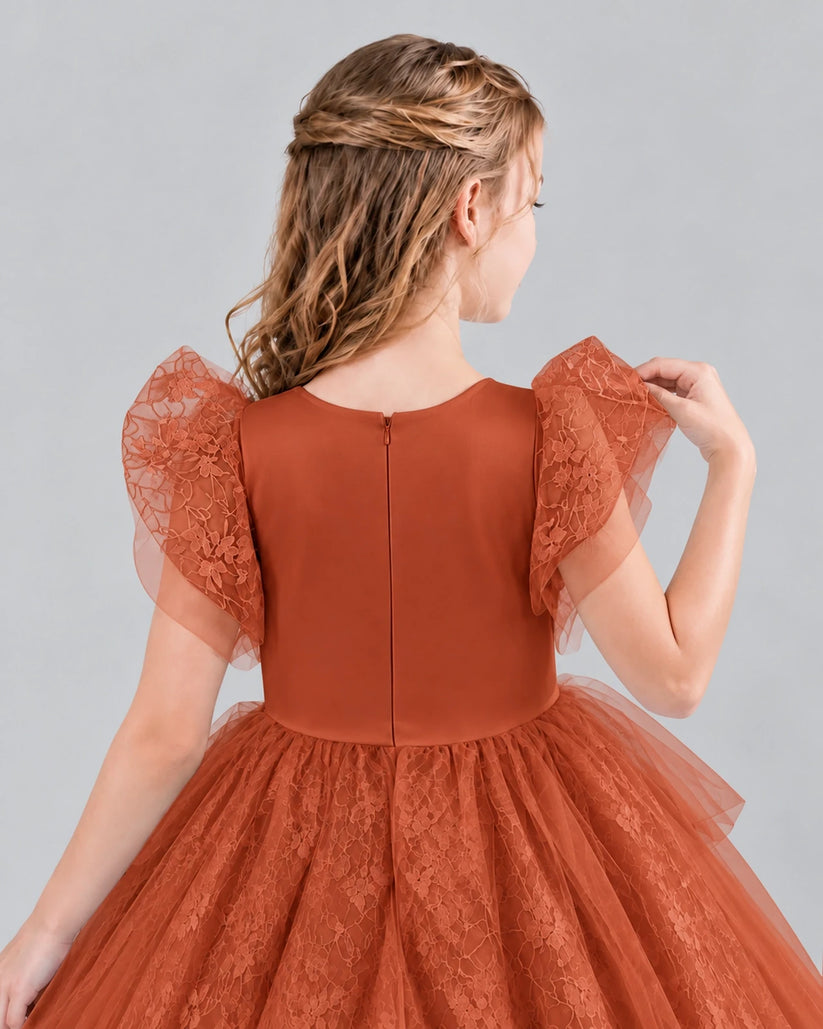 Burnt Orange Lace Tulle Flower Girl Dress Back Detail
