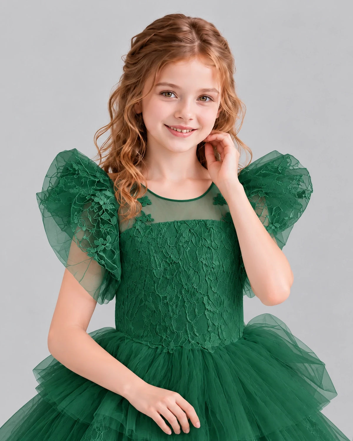 Dark Green Lace Tulle Flower Girl Dress Detail