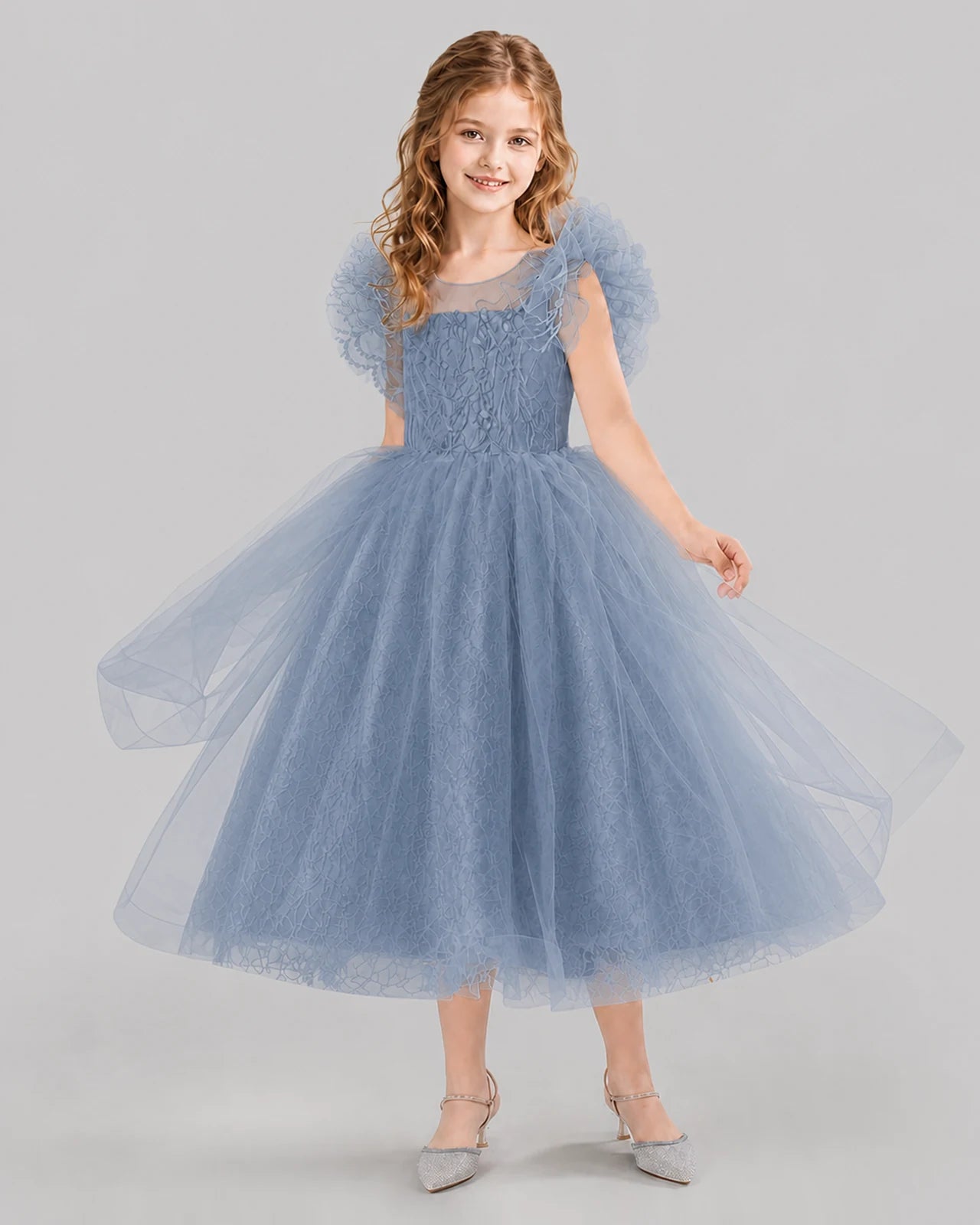 Dusty Blue Ball Gown Flower Girl Dresses Side