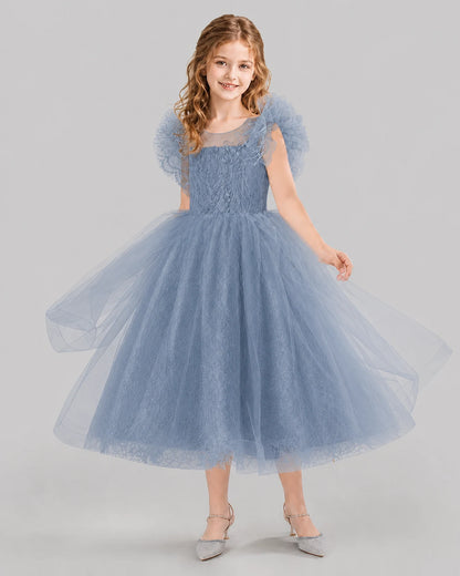 Dusty Blue Ball Gown Flower Girl Dresses Side
