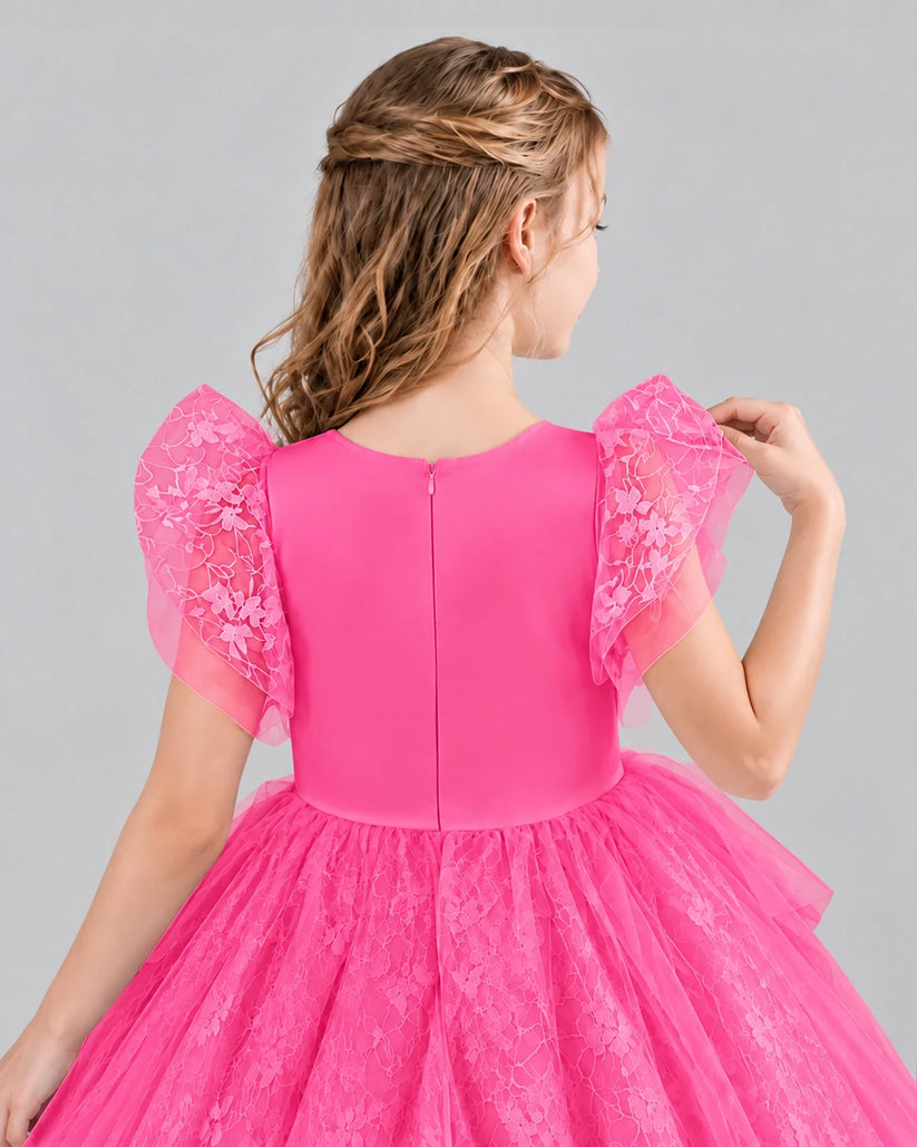 Hot Pink Lace Tulle Flower Girl Dress Back Detail