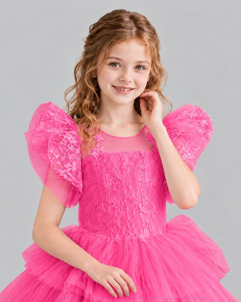Hot Pink Lace Tulle Flower Girl Dress Detail