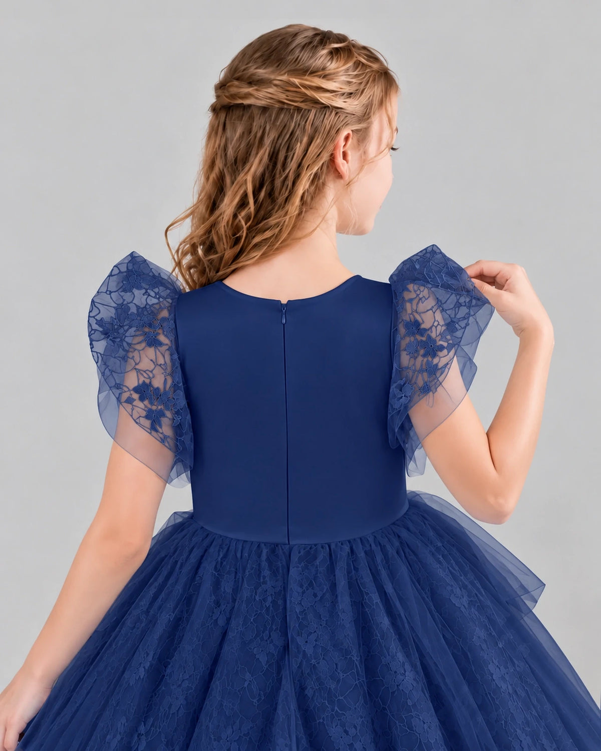 Navy Blue Lace Tulle Flower Girl Dress Back Detail