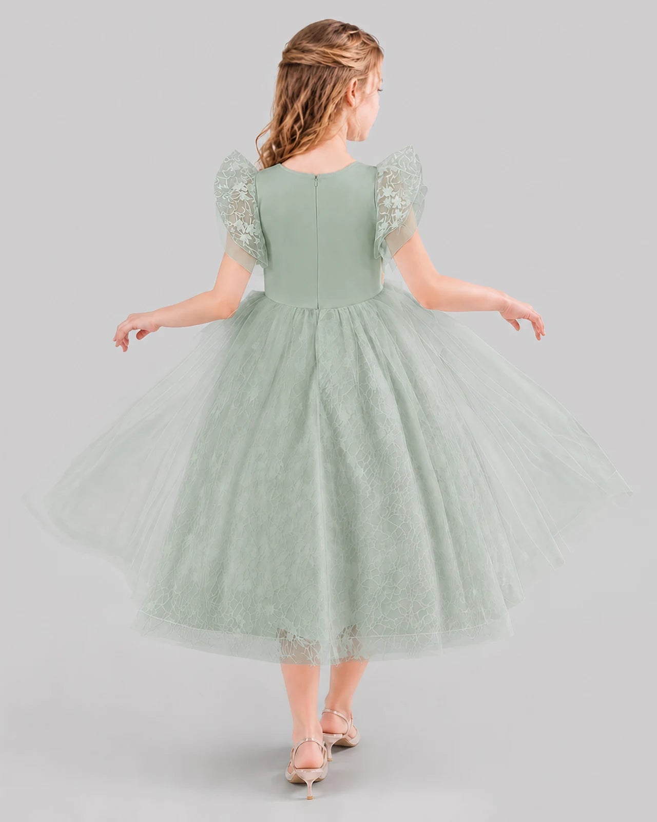 Sage Green Ball Gown Flower Girl Dresses Back