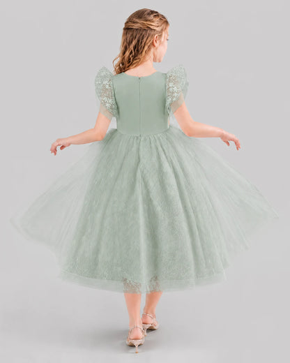 Sage Green Ball Gown Flower Girl Dresses Back