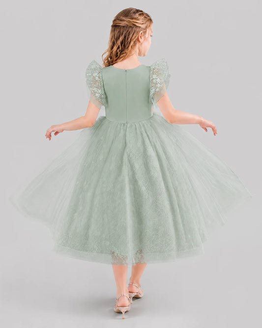 Sage Green Ball Gown Flower Girl Dresses Back