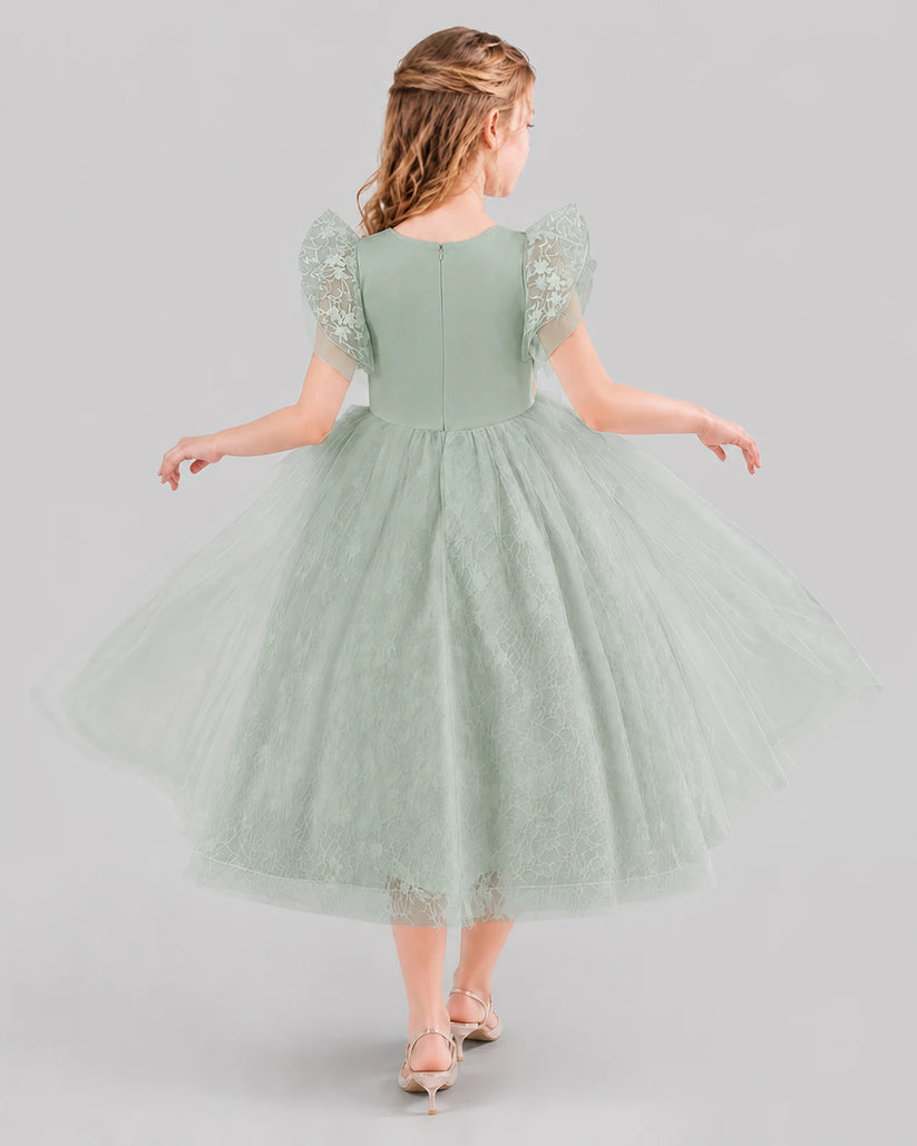 Sage Green Ball Gown Flower Girl Dresses Back