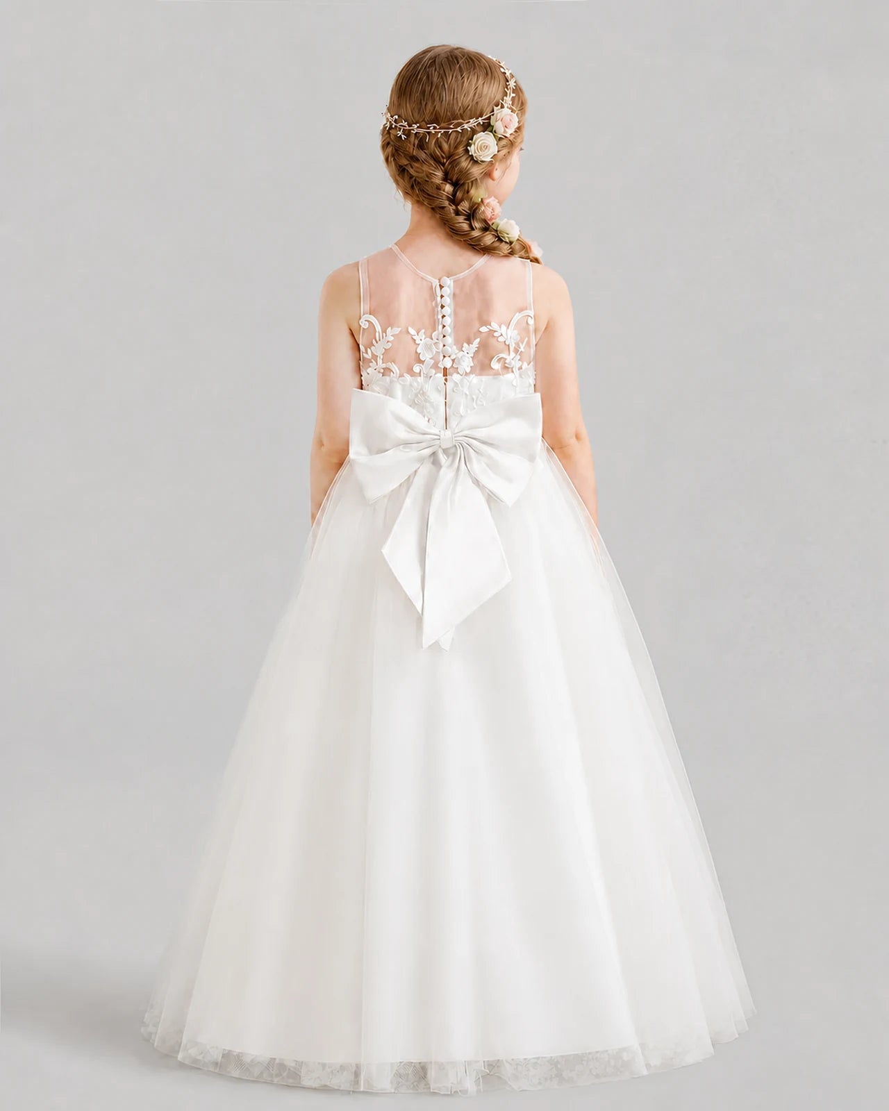White A-line Flower Girl Dresses Back