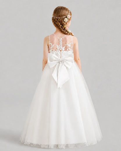 White A-line Flower Girl Dresses Back