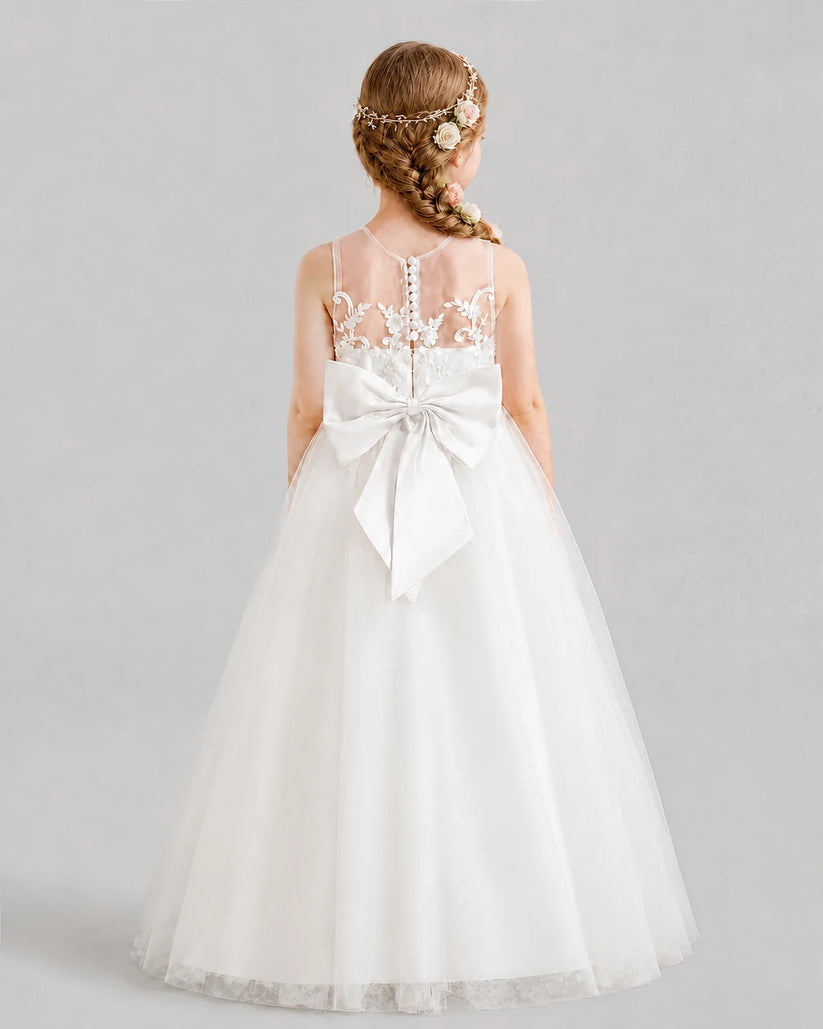 White A-line Flower Girl Dresses Back