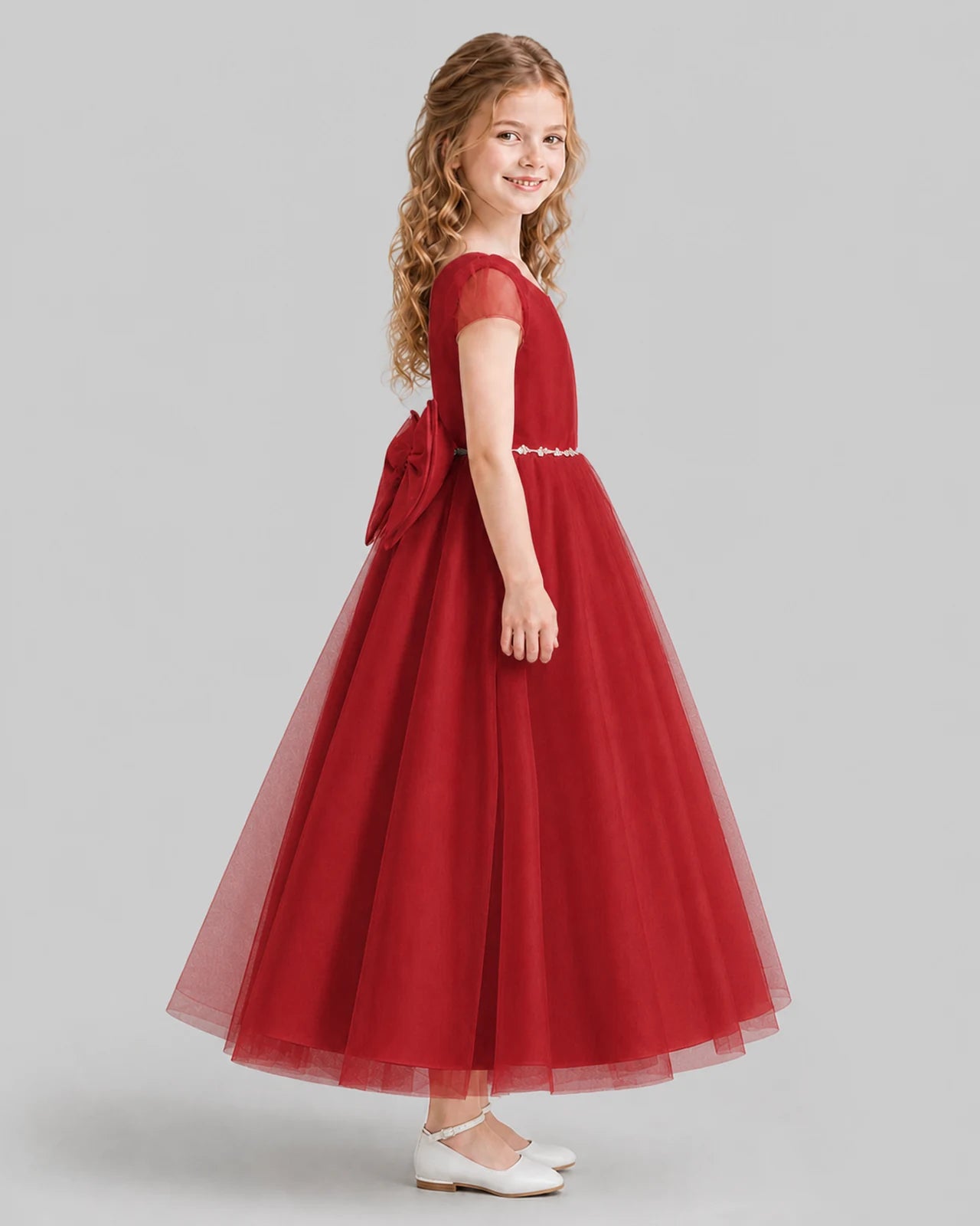 Burgundy A-line Flower Girl Dresses Side