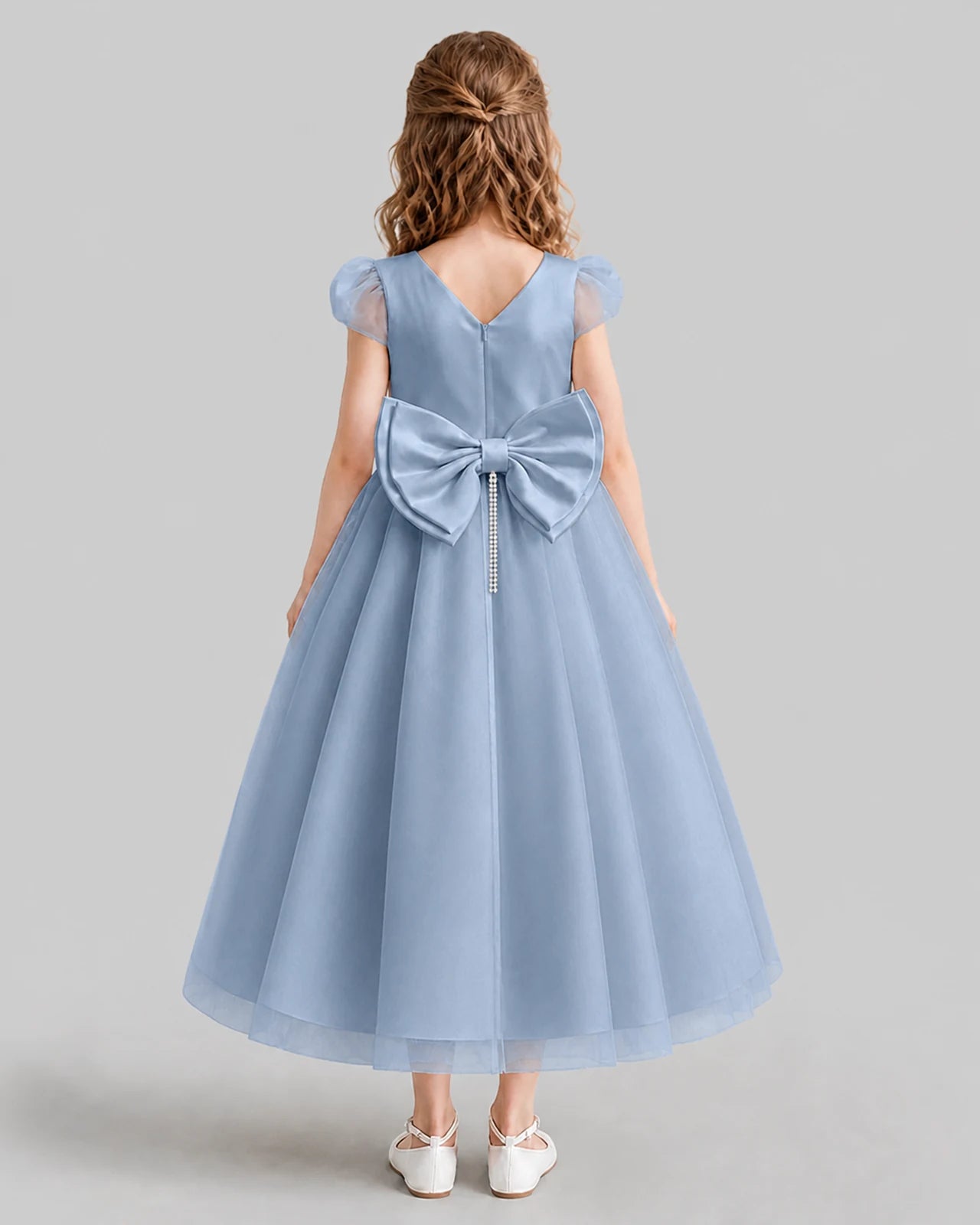 Dusty Blue A-line Flower Girl Dresses Back