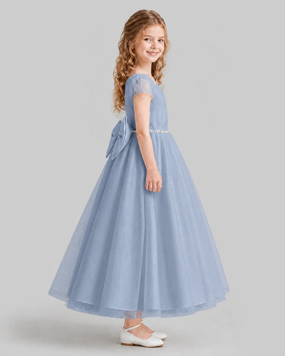 Dusty Blue A-line Flower Girl Dresses Side