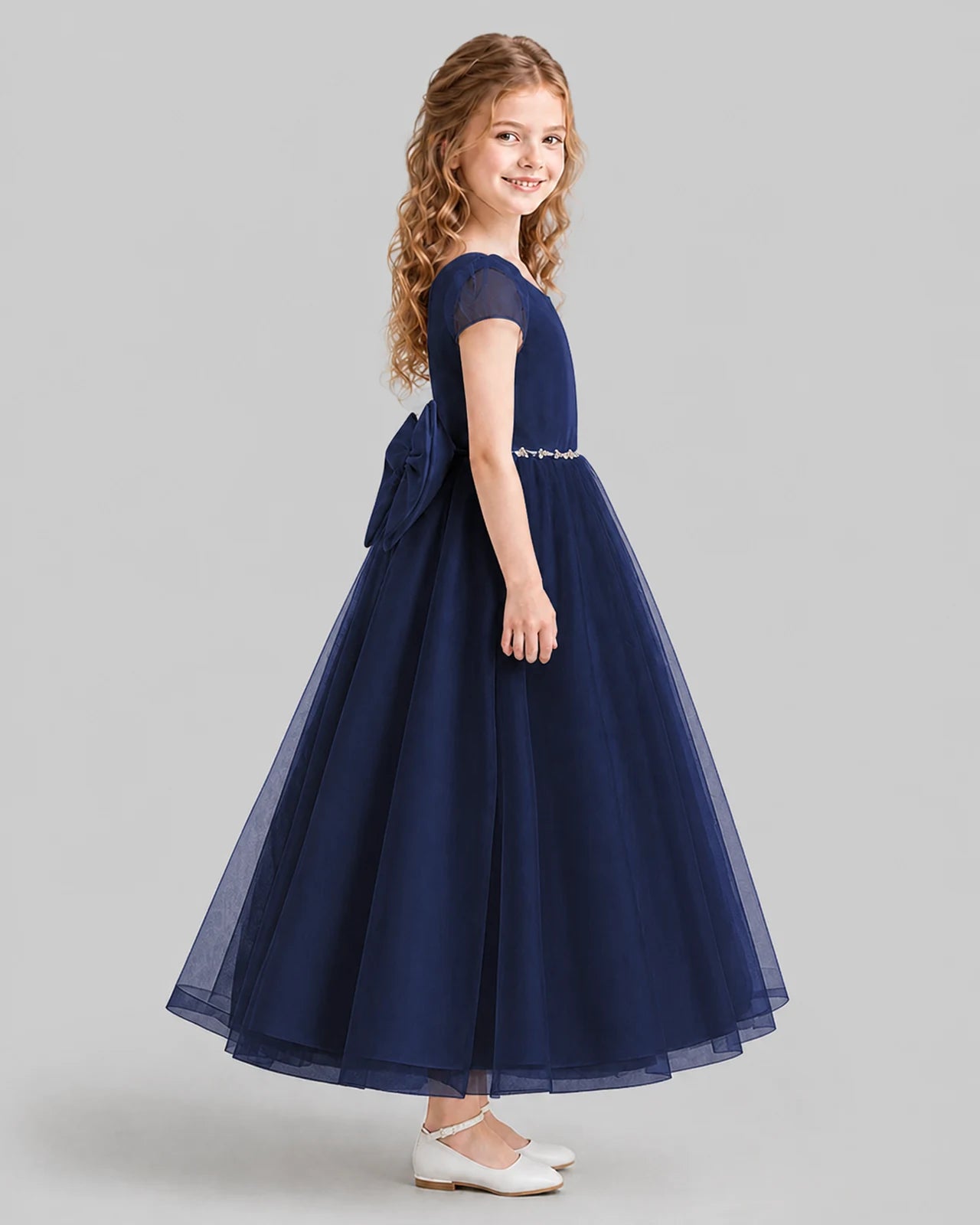 Navy Blue A-line Flower Girl Dresses Side