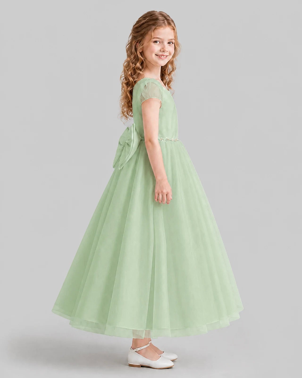 Sage Green A-line Flower Girl Dresses Side