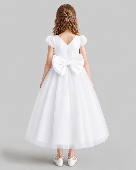 White A-line Flower Girl Dresses Back