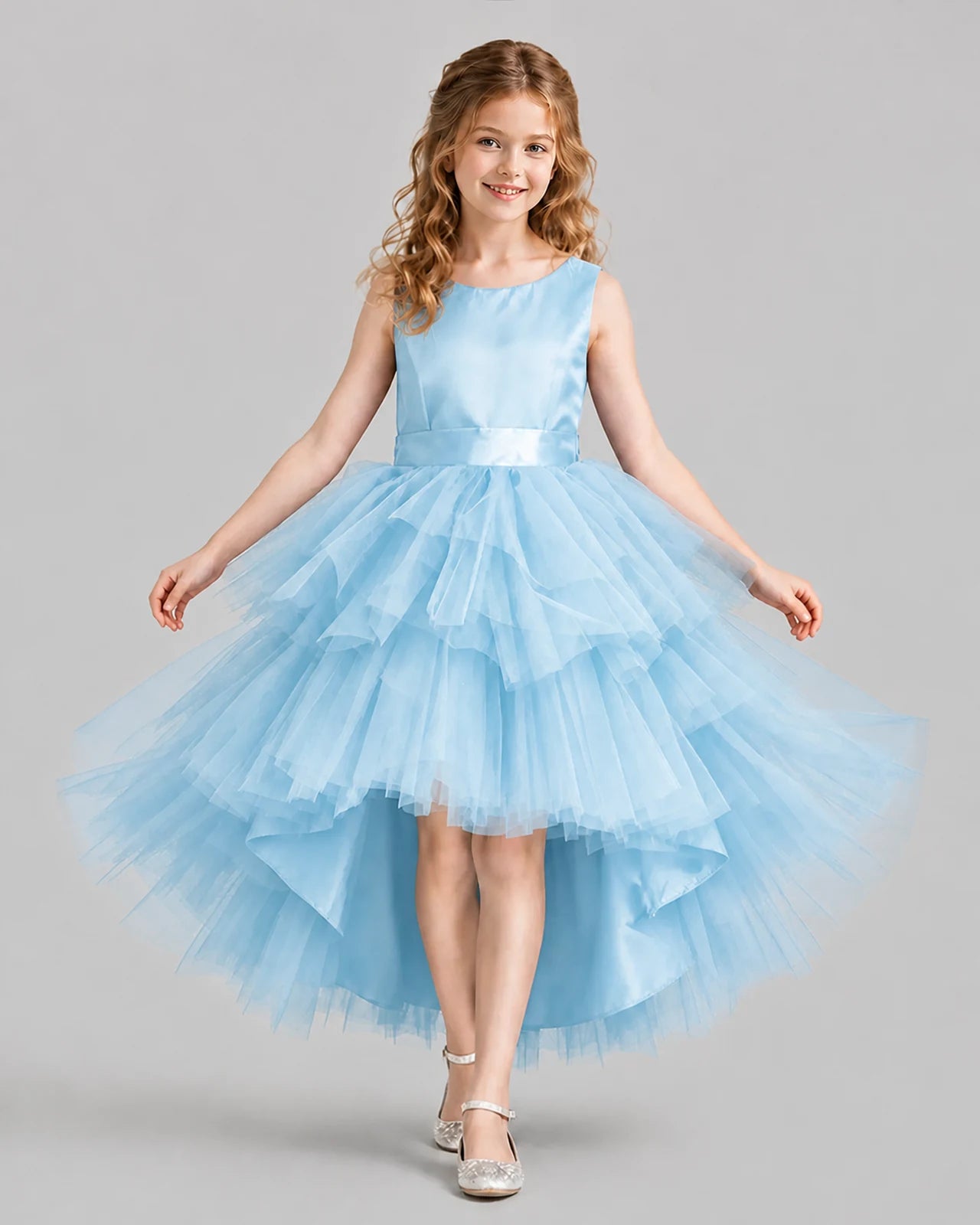 Baby Blue Flared Girls Formal Dresses Front