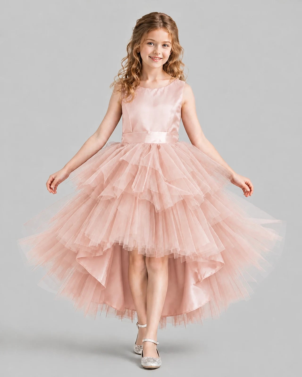 Blush Pink Flared Girls Formal Dresses Front