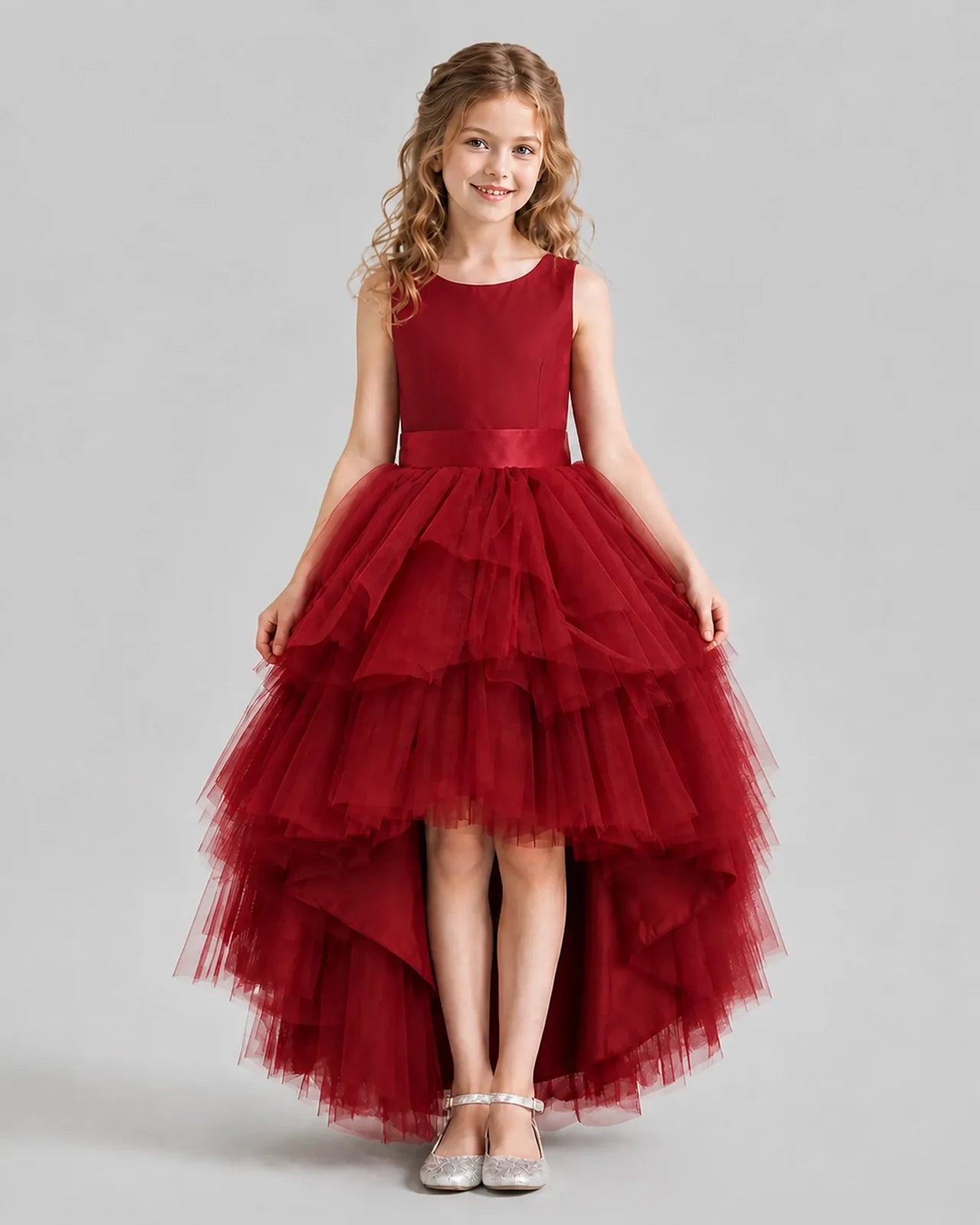 Burgundy Flared Girls Formal Dresses Pose