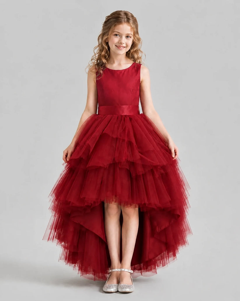 Burgundy Flared Girls Formal Dresses Pose