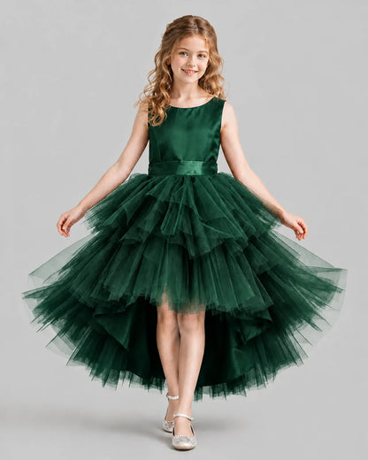 Dark Green Flared Girls Formal Dresses Front