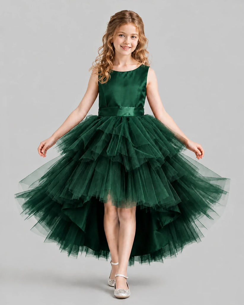 Dark Green Flared Girls Formal Dresses Front