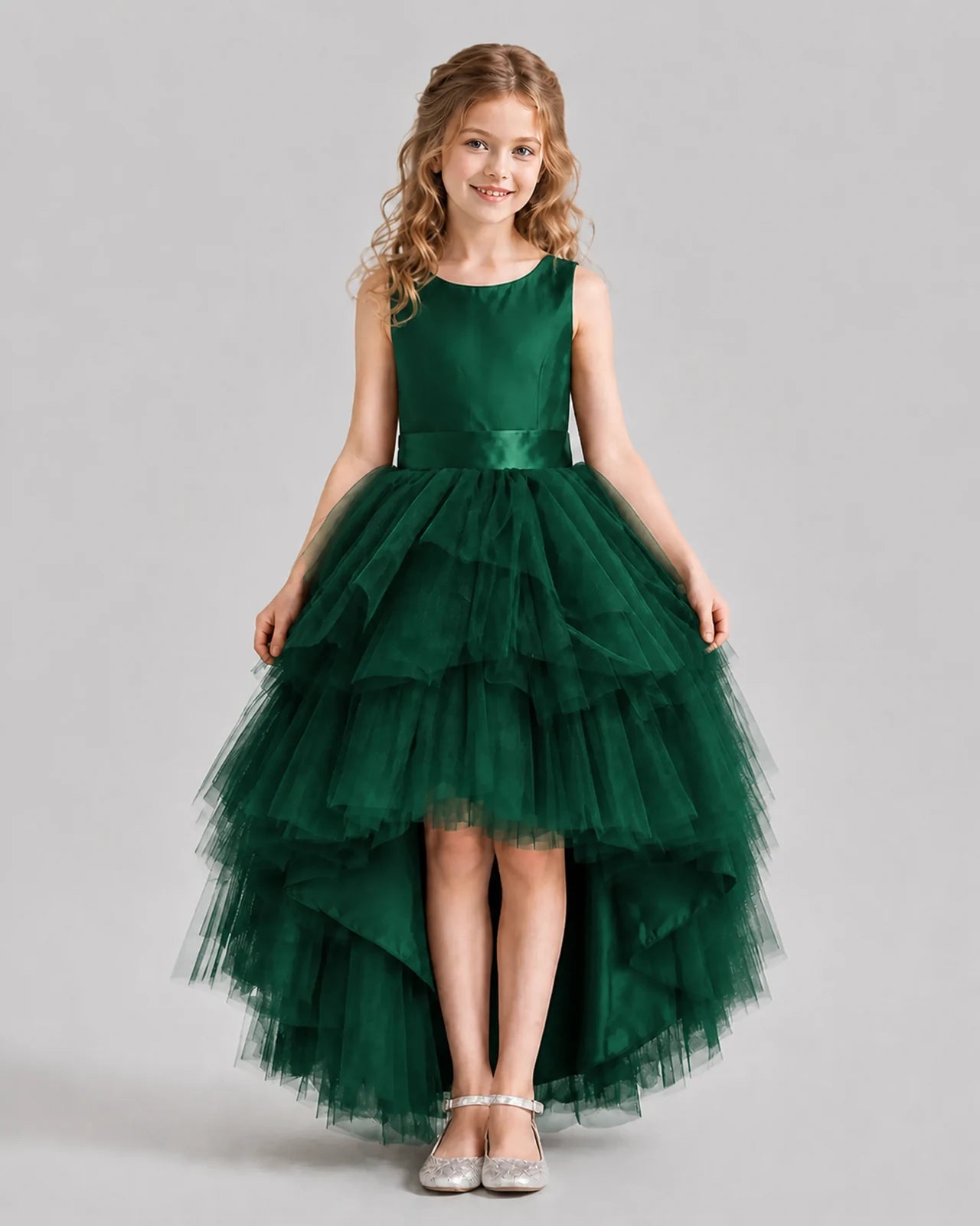 Dark Green Flared Girls Formal Dresses Pose