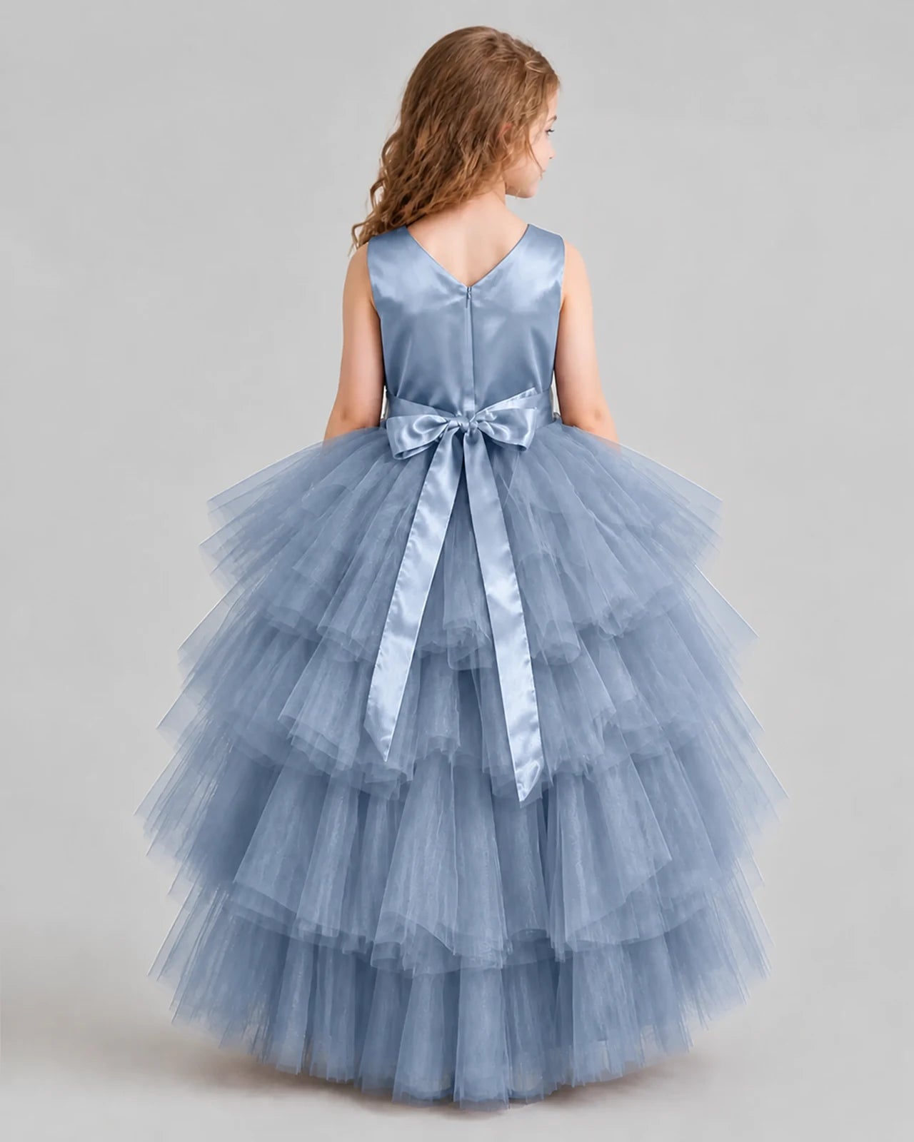 Dusty Blue Flared Girls Formal Dresses Back