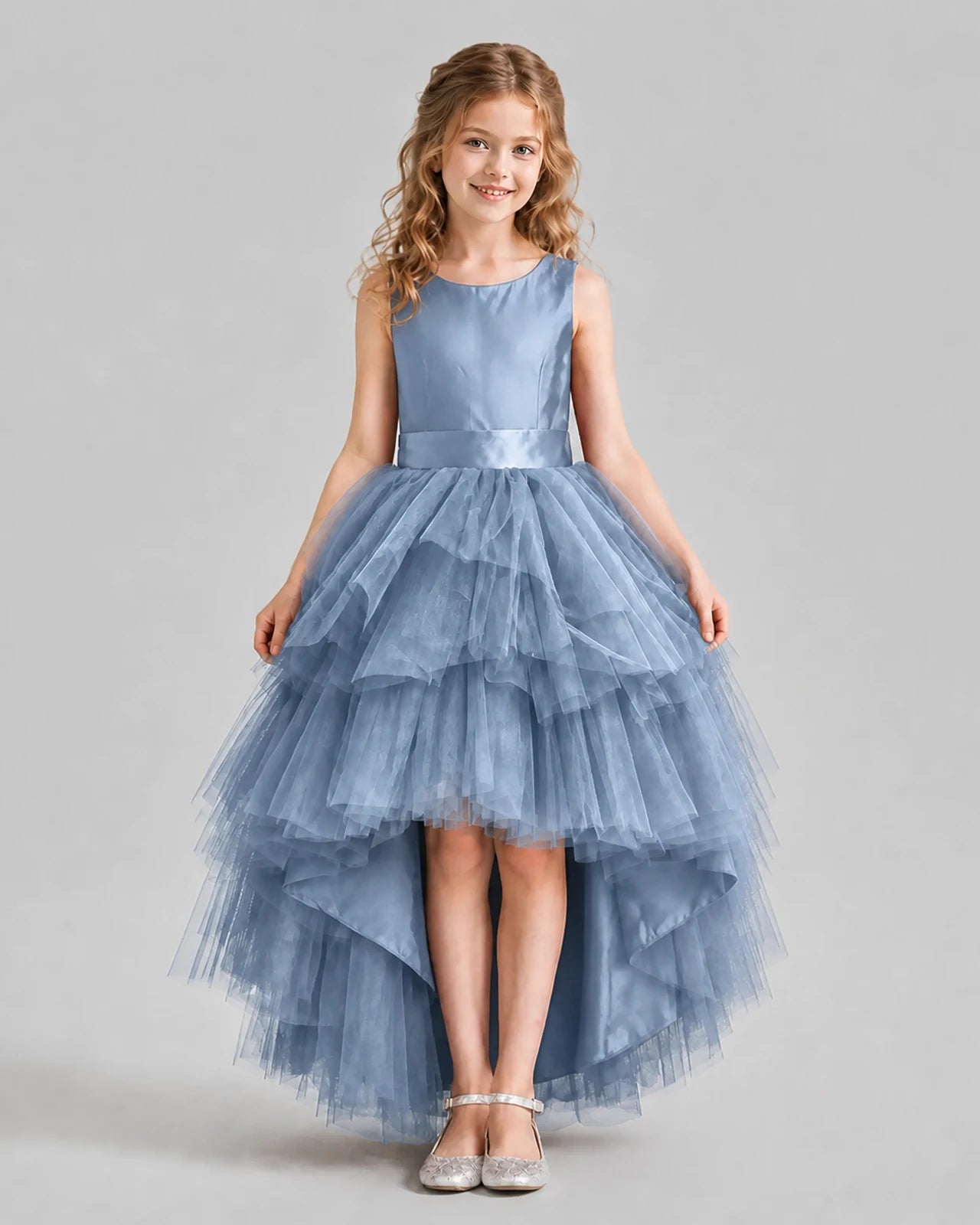 Dusty Blue Flared Girls Formal Dresses Pose
