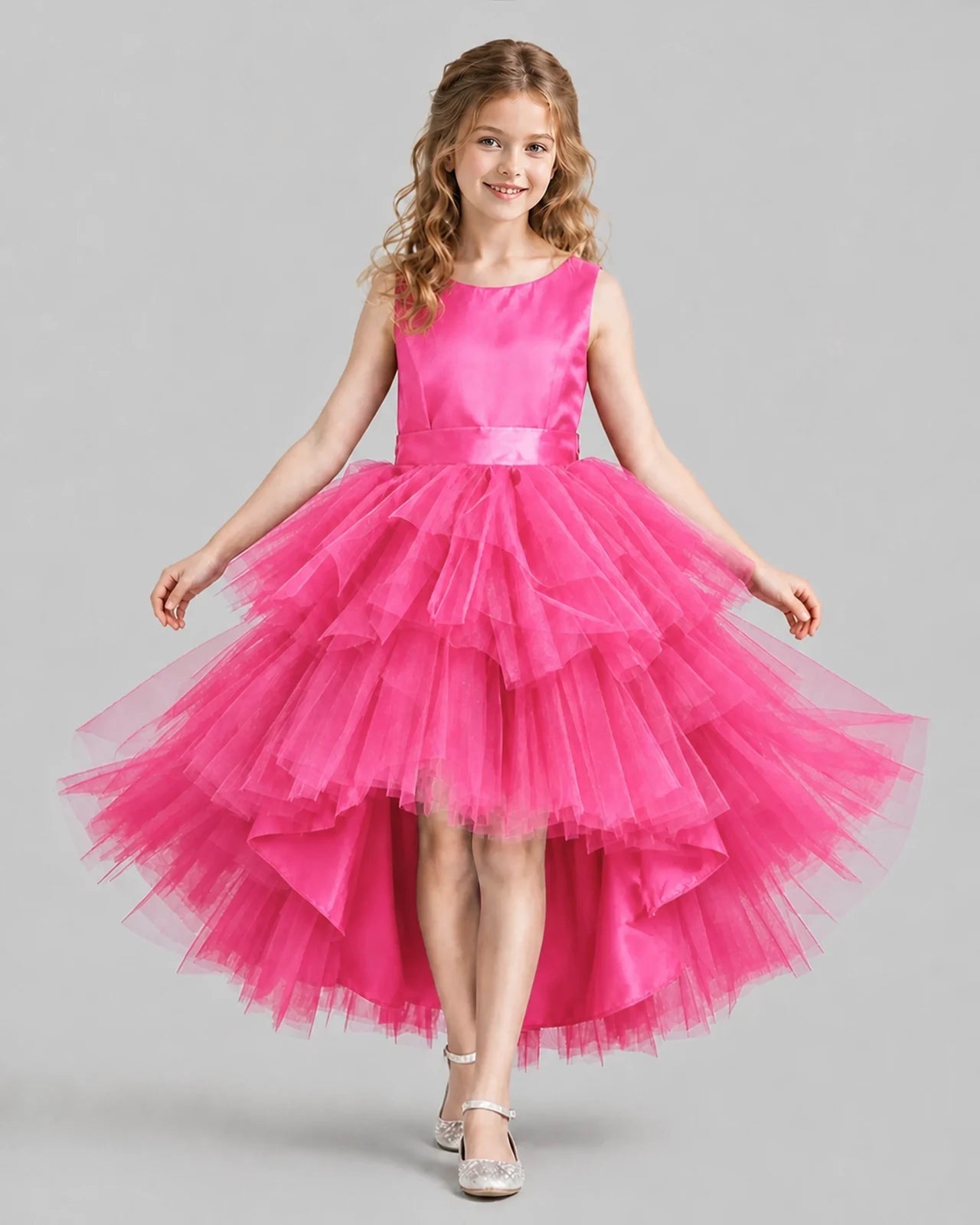 Hot Pink Flared Girls Formal Dresses Front