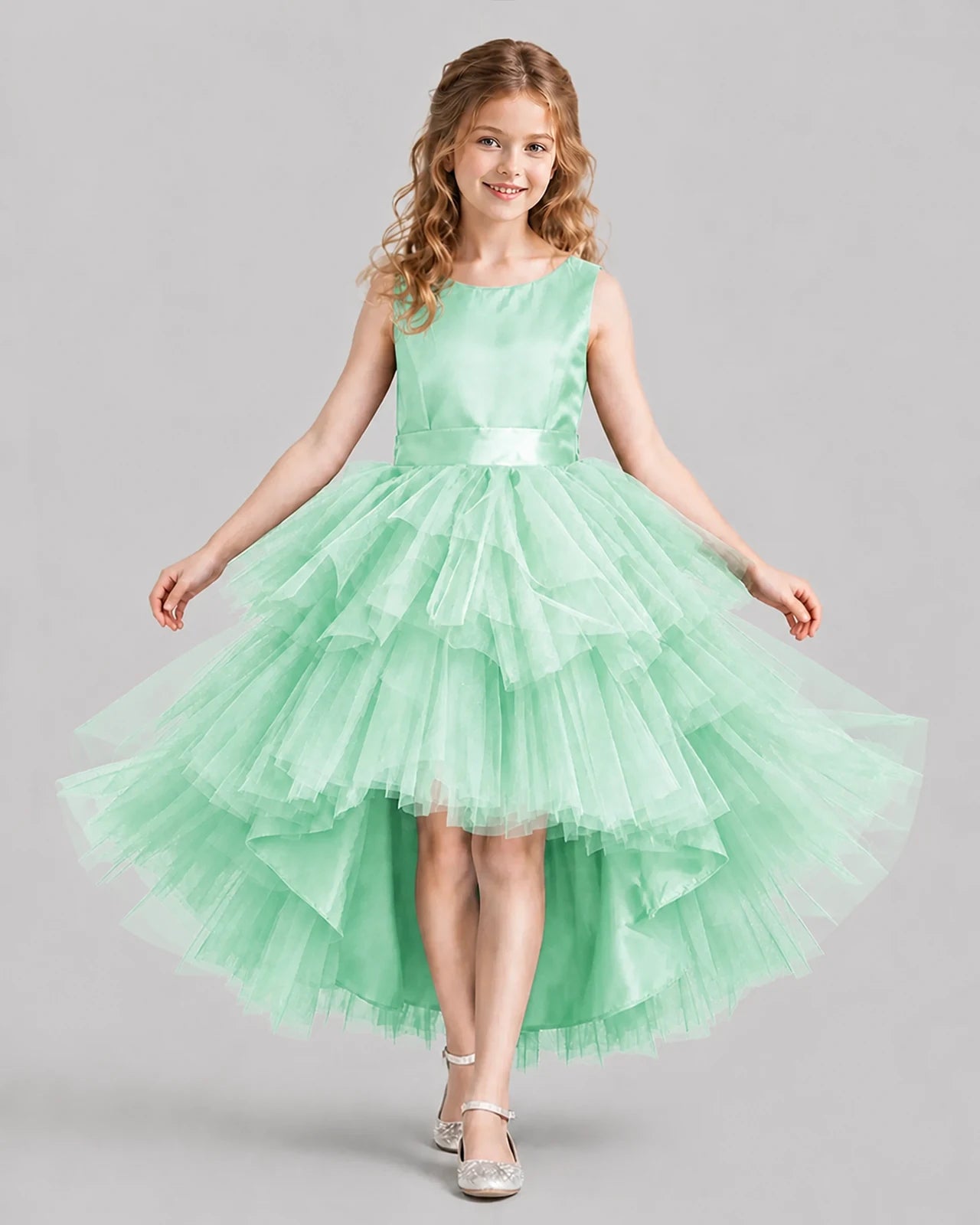 Mint Green Flared Girls Formal Dresses Front