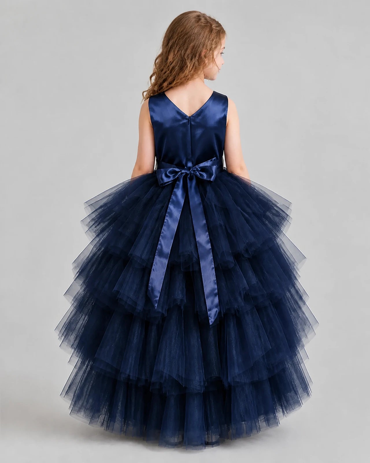 Navy Blue Flared Girls Formal Dresses Back