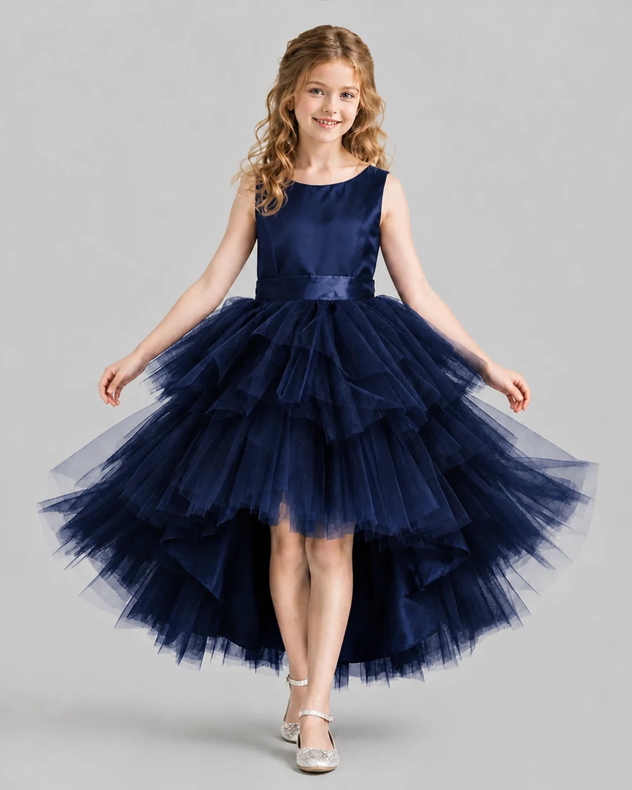Navy Blue Flared Girls Formal Dresses Front