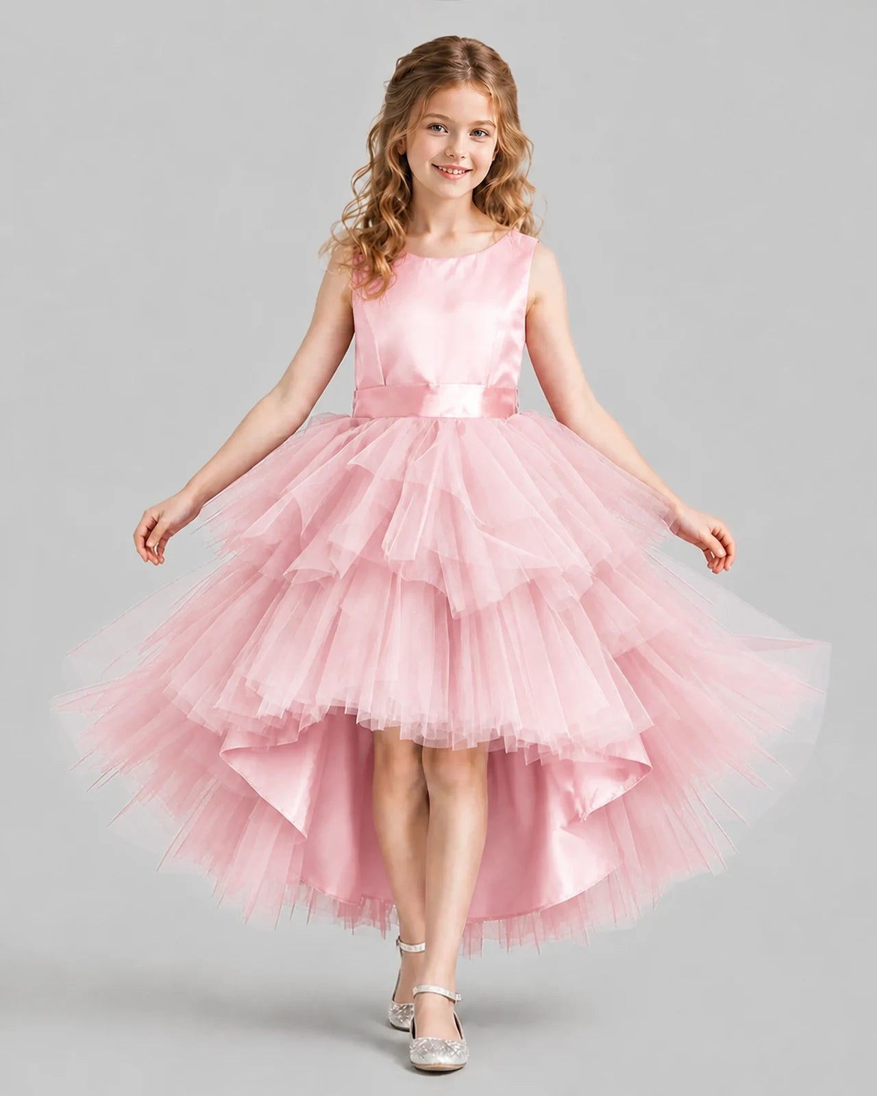 Pink Flared Girls Formal Dresses Front